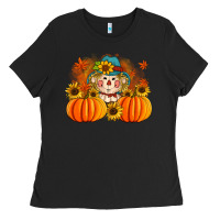 Black fall scarecrow with pumpkins Ladies Tee - Artiststas