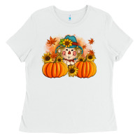 White fall scarecrow with pumpkins Ladies Tee - Artiststas