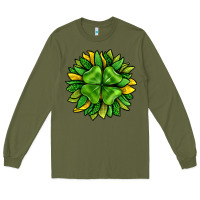 Army Green St. Patricks Sunflower With Clover Long Sleeve Tee - BundleAndBundleShop