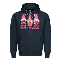 Navy Happy holidays with gnomes Zipper Hoodie - NancyCooperArtShop