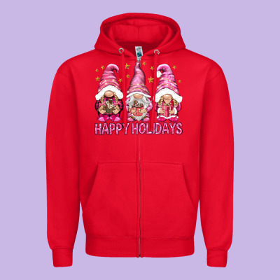 Happy Holidays With Gnomes Zipper Hoodie Designed By Nancycooperartshop