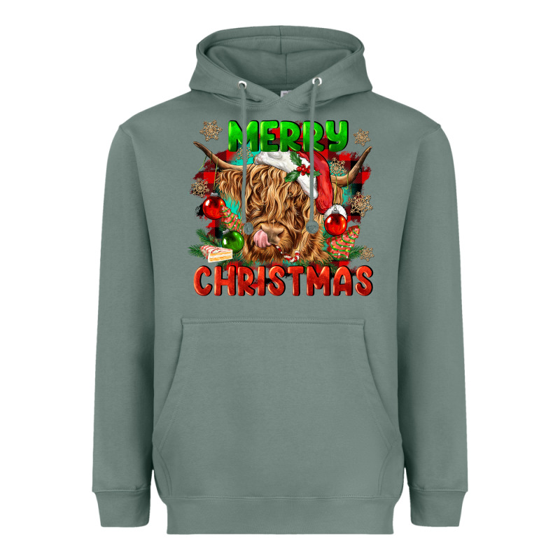 Merry Christmas Cow Heavyweight Hoodie by CowGirlArtShop | Teevron