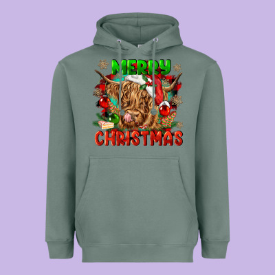 Merry Christmas Cow Heavyweight Hoodie Designed By Cowgirlartshop