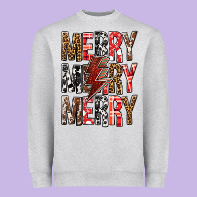 Merry Merry Merry Christmas Lightning Bolt Heavyweight Sweatshirt Designed By Bundleandbundleshop