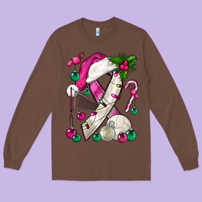Pink Christmas Breast Cancer Ribbon Volleyball Long Sleeve Tee Designed By Bundleandbundleshop