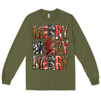 Army Green Merry Merry Merry Christmas Lightning Bolt Long Sleeve Tee - BundleAndBundleShop