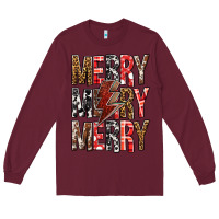 Burgundy Merry Merry Merry Christmas Lightning Bolt Long Sleeve Tee - BundleAndBundleShop