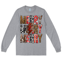 Heather Grey Merry Merry Merry Christmas Lightning Bolt Long Sleeve Tee - BundleAndBundleShop