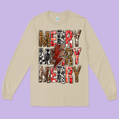 Merry Merry Merry Christmas Lightning Bolt Long Sleeve Tee Designed By Bundleandbundleshop