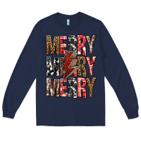 Navy Merry Merry Merry Christmas Lightning Bolt Long Sleeve Tee - BundleAndBundleShop