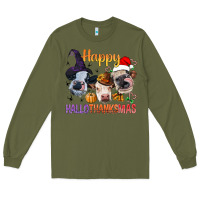 Army Green Happy Hallothanksmas Cows Long Sleeve Tee - BundleAndBundleShop