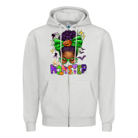 Dove Grey Halloween Afro Messy Bun Momster Zipper Hoodie - texasbilliewilder