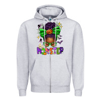 Heather Grey Halloween Afro Messy Bun Momster Zipper Hoodie - texasbilliewilder