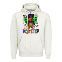 Oatmeal Heather Halloween Afro Messy Bun Momster Zipper Hoodie - texasbilliewilder