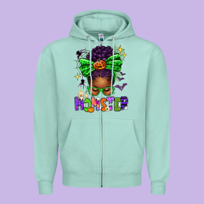 Halloween Afro Messy Bun Momster Zipper Hoodie Designed By Texasbilliewilder