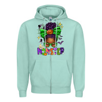 Seafoam Halloween Afro Messy Bun Momster Zipper Hoodie - texasbilliewilder
