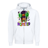White Halloween Afro Messy Bun Momster Zipper Hoodie - texasbilliewilder