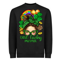 Black St. Patrick Messy Bun One Luck Mama With Clover Heavyweight Sweatshirt - BundleAndBundleShop