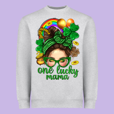 St. Patrick Messy Bun One Luck Mama With Clover Heavyweight Sweatshirt Designed By Bundleandbundleshop