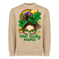 Mushroom St. Patrick Messy Bun One Luck Mama With Clover Heavyweight Sweatshirt - BundleAndBundleShop