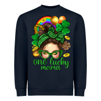 Navy St. Patrick Messy Bun One Luck Mama With Clover Heavyweight Sweatshirt - BundleAndBundleShop