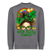 Storm St. Patrick Messy Bun One Luck Mama With Clover Heavyweight Sweatshirt - BundleAndBundleShop