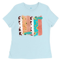 Baby Blue Western Cowhide Sunflower Jute Glitter Farm Life Brush Stroke Ladies Tee - Bettercallsaul