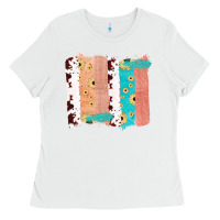 White Western Cowhide Sunflower Jute Glitter Farm Life Brush Stroke Ladies Tee - Bettercallsaul