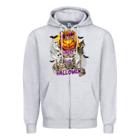 Heather Grey Happy Halloween with Skeleton Zipper Hoodie - texasbilliewilder