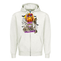 Oatmeal Heather Happy Halloween with Skeleton Zipper Hoodie - texasbilliewilder