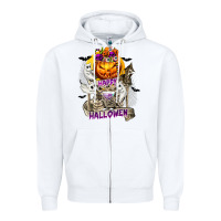 White Happy Halloween with Skeleton Zipper Hoodie - texasbilliewilder