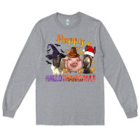 Heather Grey Happy Hallothanksmas Farm Animal Long Sleeve Tee - BundleAndBundleShop