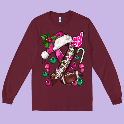 Pink Christmas Breast Cancer Ribbon Football Long Sleeve Tee Designed By Bundleandbundleshop