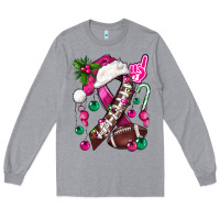 Heather Grey Pink Christmas Breast Cancer Ribbon Football Long Sleeve Tee - BundleAndBundleShop