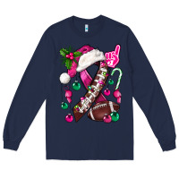 Navy Pink Christmas Breast Cancer Ribbon Football Long Sleeve Tee - BundleAndBundleShop