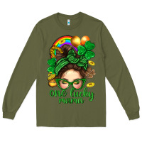Army Green St. Patrick Messy Bun One Luck Mama With Clover Long Sleeve Tee - BundleAndBundleShop