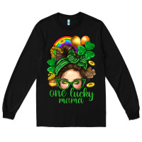 Black St. Patrick Messy Bun One Luck Mama With Clover Long Sleeve Tee - BundleAndBundleShop