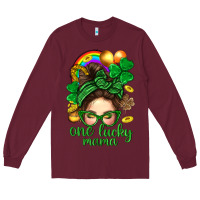Burgundy St. Patrick Messy Bun One Luck Mama With Clover Long Sleeve Tee - BundleAndBundleShop