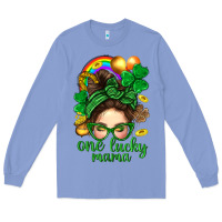 Colony Blue St. Patrick Messy Bun One Luck Mama With Clover Long Sleeve Tee - BundleAndBundleShop