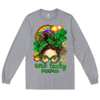 Heather Grey St. Patrick Messy Bun One Luck Mama With Clover Long Sleeve Tee - BundleAndBundleShop