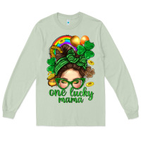 Matcha St. Patrick Messy Bun One Luck Mama With Clover Long Sleeve Tee - BundleAndBundleShop