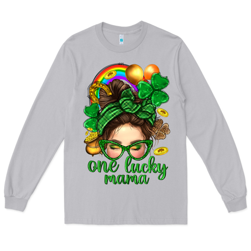 St. Patrick Messy Bun One Luck Mama With Clover Long Sleeve Tee by BundleAndBundleShop | Teevron