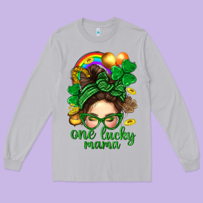 St. Patrick Messy Bun One Luck Mama With Clover Long Sleeve Tee Designed By Bundleandbundleshop