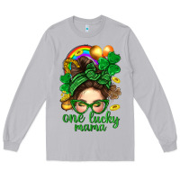 Moon Dust St. Patrick Messy Bun One Luck Mama With Clover Long Sleeve Tee - BundleAndBundleShop