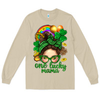 Mushroom St. Patrick Messy Bun One Luck Mama With Clover Long Sleeve Tee - BundleAndBundleShop