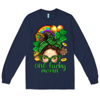 Navy St. Patrick Messy Bun One Luck Mama With Clover Long Sleeve Tee - BundleAndBundleShop