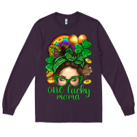 Plum St. Patrick Messy Bun One Luck Mama With Clover Long Sleeve Tee - BundleAndBundleShop