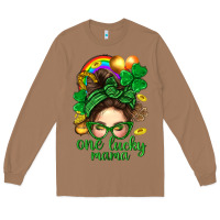 Toasted Coconut St. Patrick Messy Bun One Luck Mama With Clover Long Sleeve Tee - BundleAndBundleShop