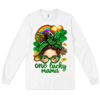 White St. Patrick Messy Bun One Luck Mama With Clover Long Sleeve Tee - BundleAndBundleShop