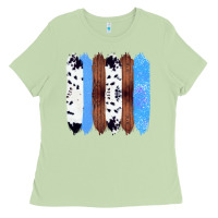 Western Farm Life Cowhide Wood Blue Glitter Brush Stroke Ladies Tee | Teevron